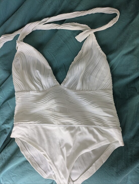 SHEIN Tops - Sheer Textured Bodysuit Shein XL V Neck Halter 3D White Snap Closure Adjustable